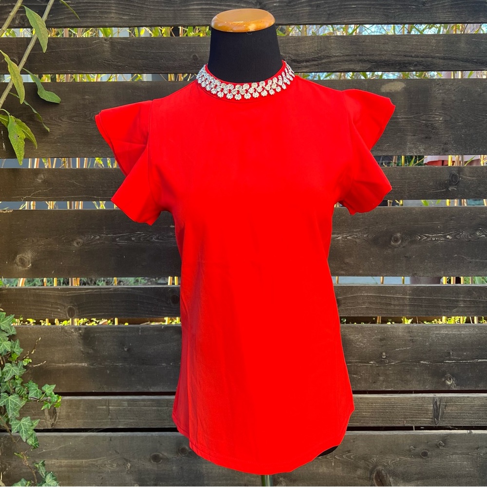 Gracia Women’s Red Silver Embellished Collar Ruffle Short Sleeves